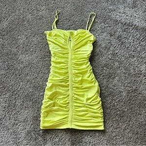 Vibrant Green Yellow Ruched Mini Dress
